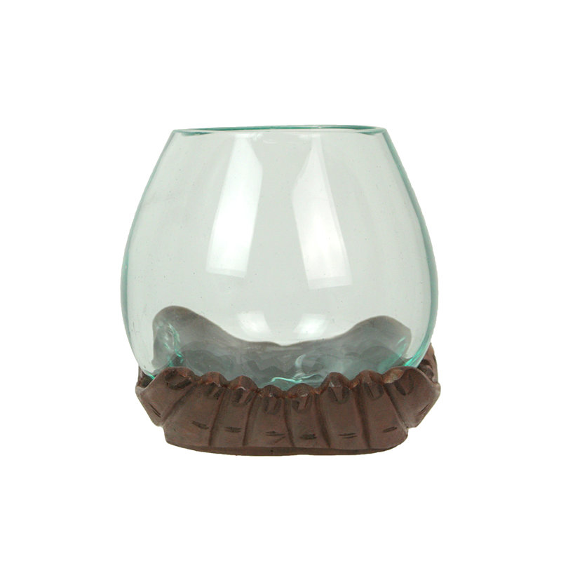 Clear Blown Molten Glass and Carved Natural Wood Hands Decorative Vase, Bowl, and Terrarium — 6" H X 7.5" L X 7.5" W