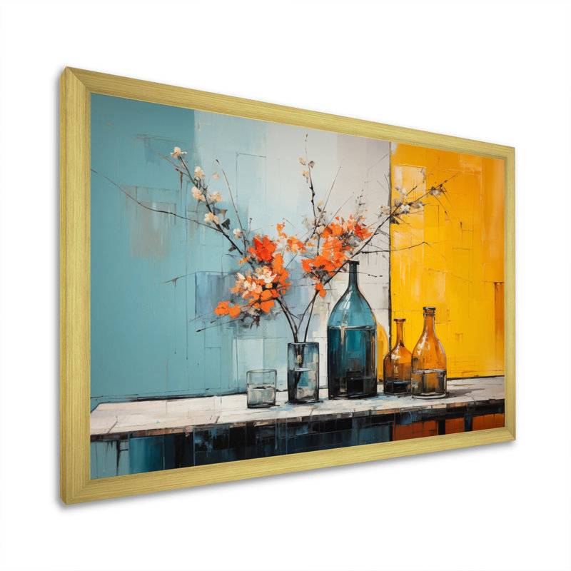 Vase audacieux jaune sarcelle sur toile Mid Century, Cadre doré à une seule photo, H 24 po x l 32 po x P 1 po