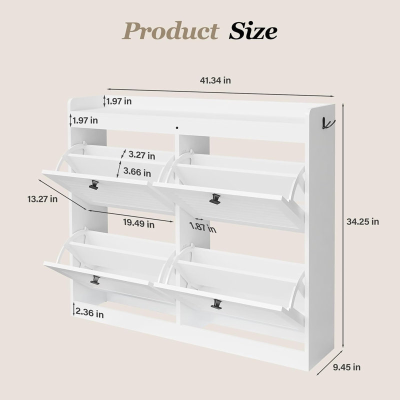 Grande armoire à chaussures avec 4 tiroirs rabattables, range-chaussures autoportant étroit avec crochets et rangement, Blanc