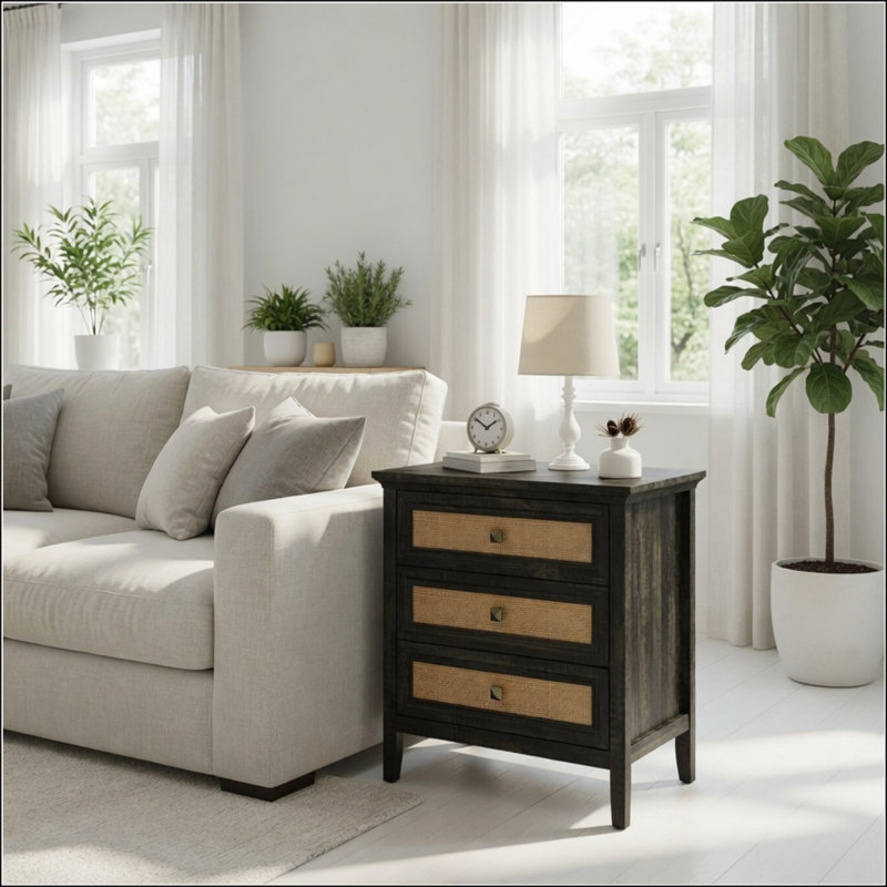 Table de chevet 29,5 pouces de large avec 3 tiroirs Boho - Table de bout haute pour chambres et salons