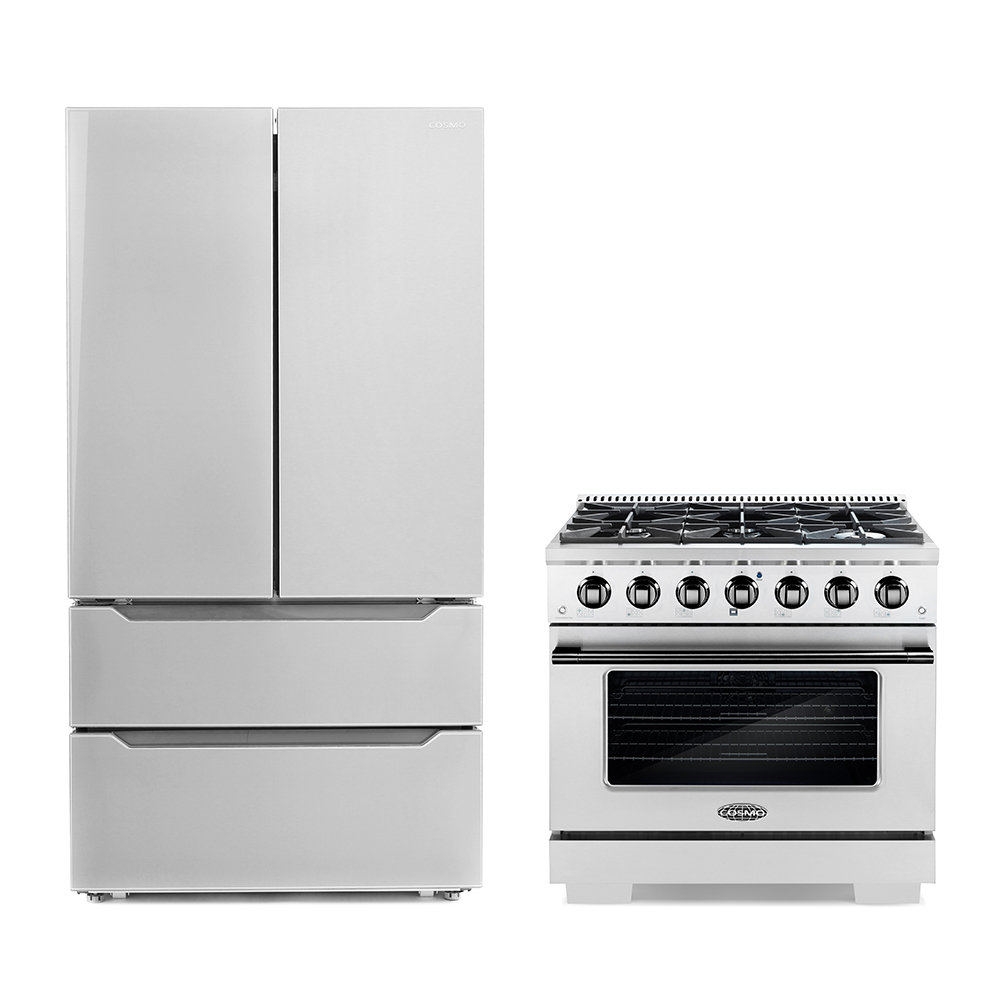 Cosmo 2 Piece Kitchen Appliance Package with French Door Refrigerator , 36'' Gas Freestanding Range Cosmo 