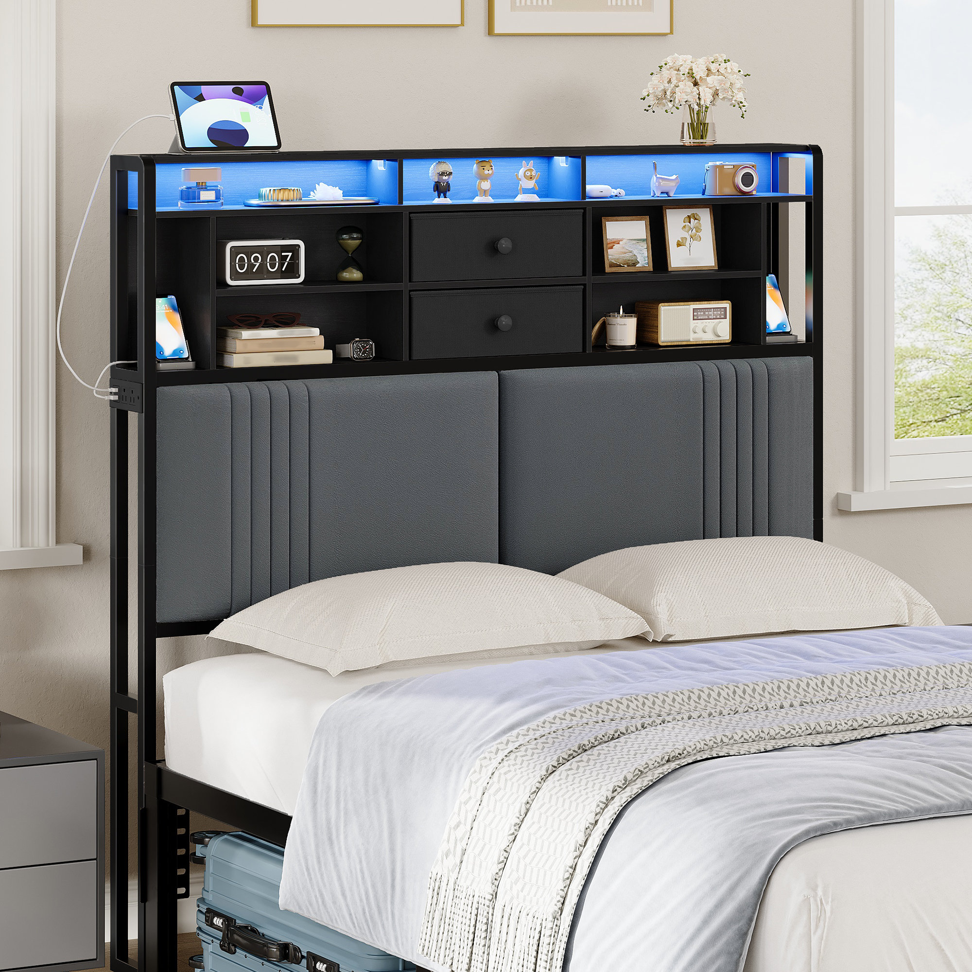 17 Stories Headboard with 3-Tier Storage Shelves, Velvet Upholstered