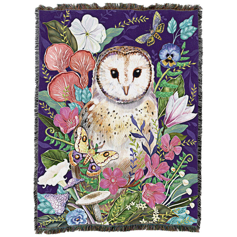 Jeté en coton Pure Country Weavers, Chouette effraie et fleurs de champignon