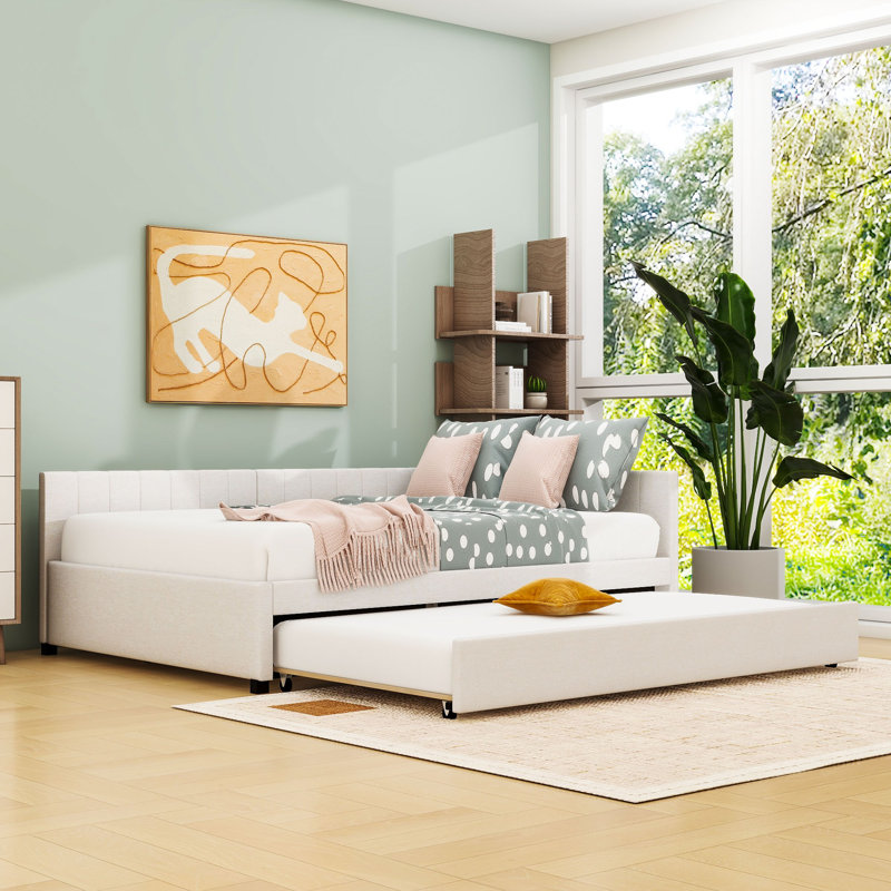 Linen Upholstered Daybed with Twin Trundle, Beige, Full/Double