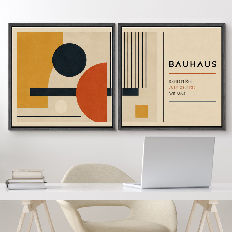 Bauhaus, ensemble de composition géométrique rétro, reproduction d'art sur toile encadrée, 2 pièces, 16" H x 16" W x 1.5" D