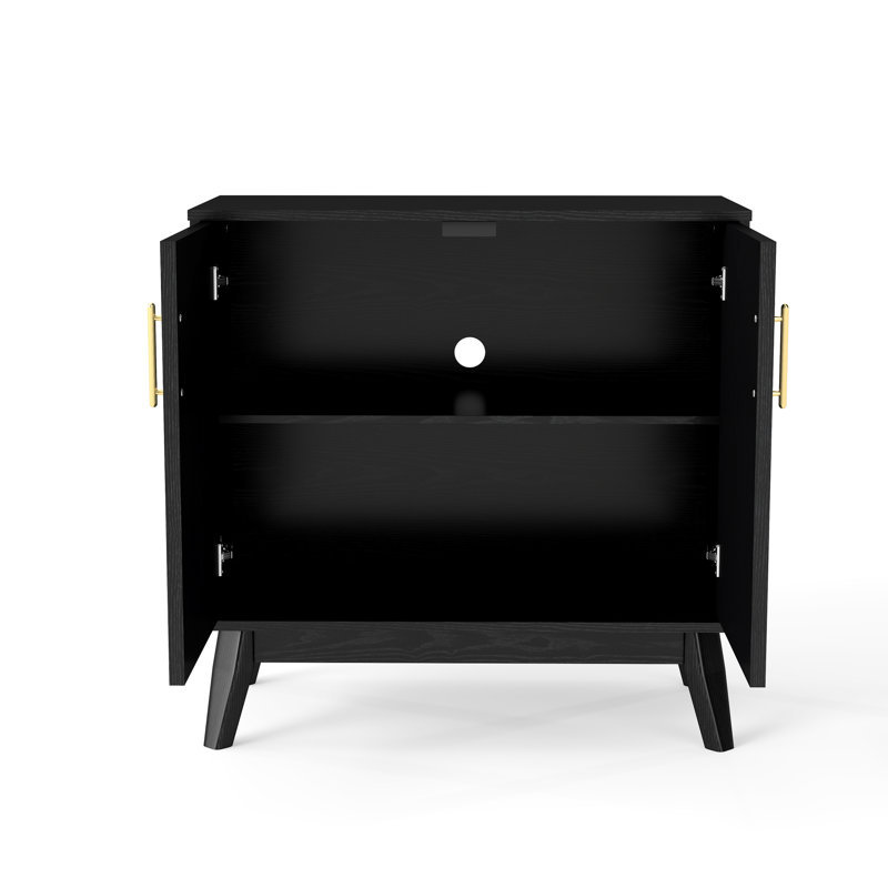 Rangement cannelé avec pieds en bois massif et tablettes polyvalentes - Armoire de salon, Noir