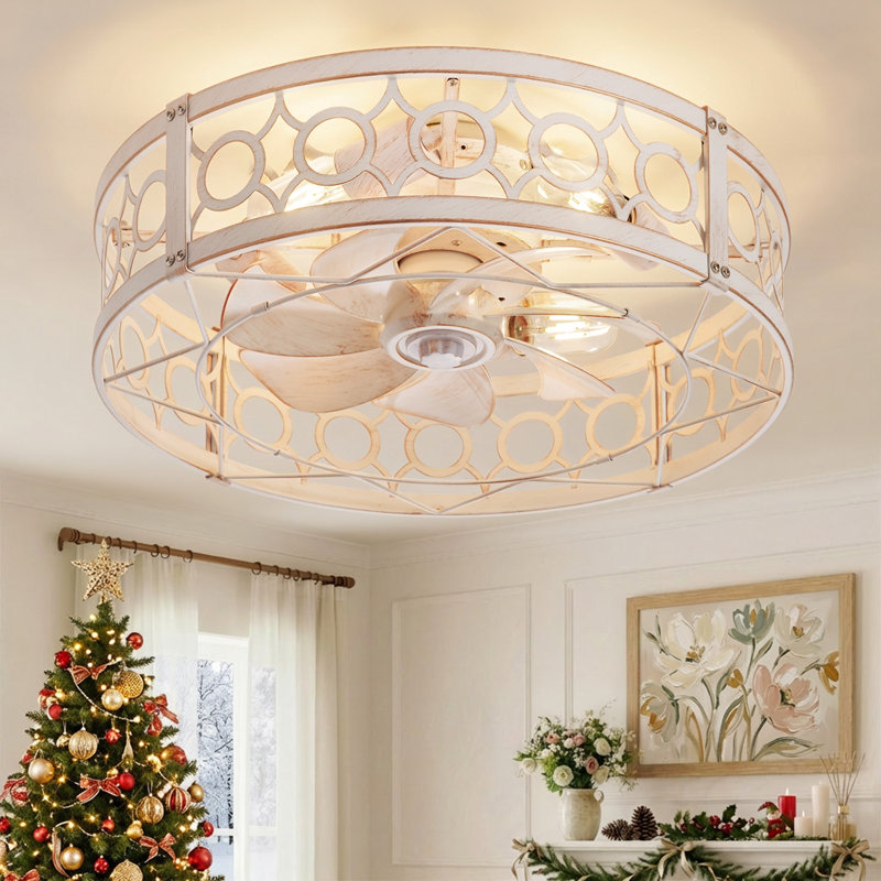 Ventilateur de plafond encastré en cage 20 po avec luminaire et télécommande pour chambre Cissline, blanc et or