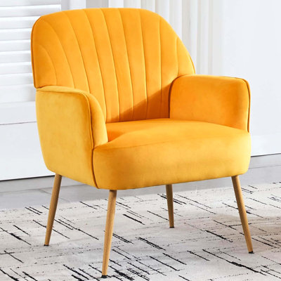 Fauteuil d'appoint en velours, fauteuil simple rembourré moderne avec pieds en métal, fauteuil demi-tonneau confortable pour le salon, la salle d'attente, la chambre à coucher, le bureau et le café, jaune