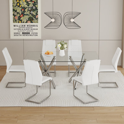 Large glass dining set | 0.39" tempered top | silver chrome legs | seats 6-8 | pu chairs with metal legs | minimalist design
