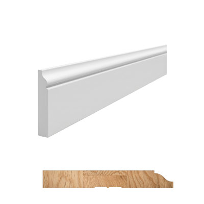 Baseboard Molding 1-Piece For Floor And Walls 9/16 In. D X 5-1/4 In. W X 96 In. L Primed Finger-Joined Pine Reversible 8 Ft. Total
