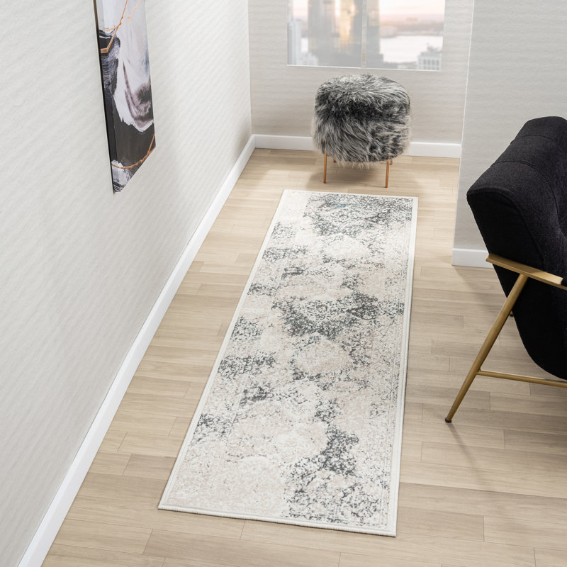 Myloh Transitional Gray/Aqua Performance Area Rug, Runner 2' x 7'