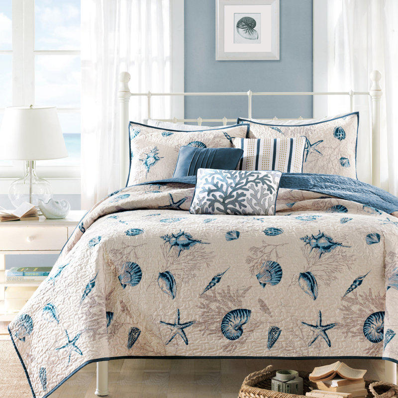 Courtepointe en microfibre pour très grand lit, bleu, avec coussins brodés et plissés, imprimé corail, très grand, bleu