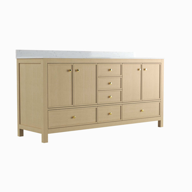 Meuble-lavabo double avec portes et tiroirs, 71", Bois naturel