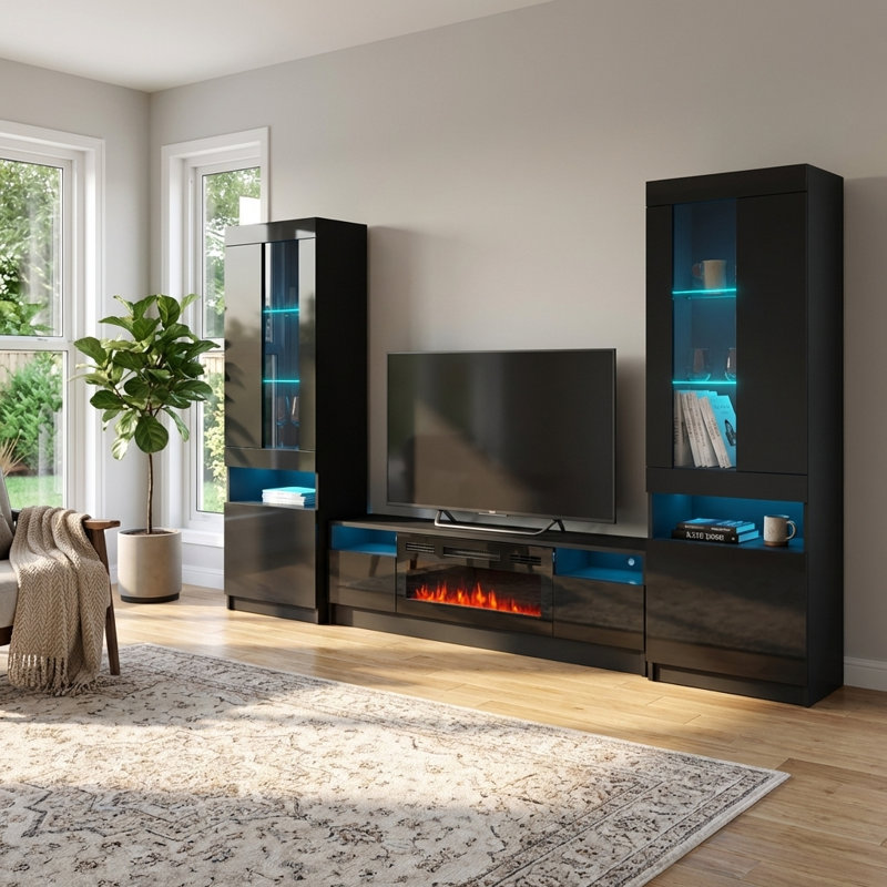 Duke 110.2" Modern Entertainment Center with Electric Fireplace, High Gloss Finish, Media Storage, Black