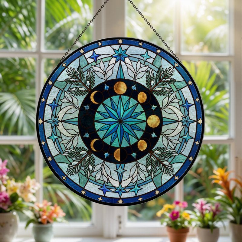 Moon Phase Stained Glass Window Panel，7.8H, 7.8"H