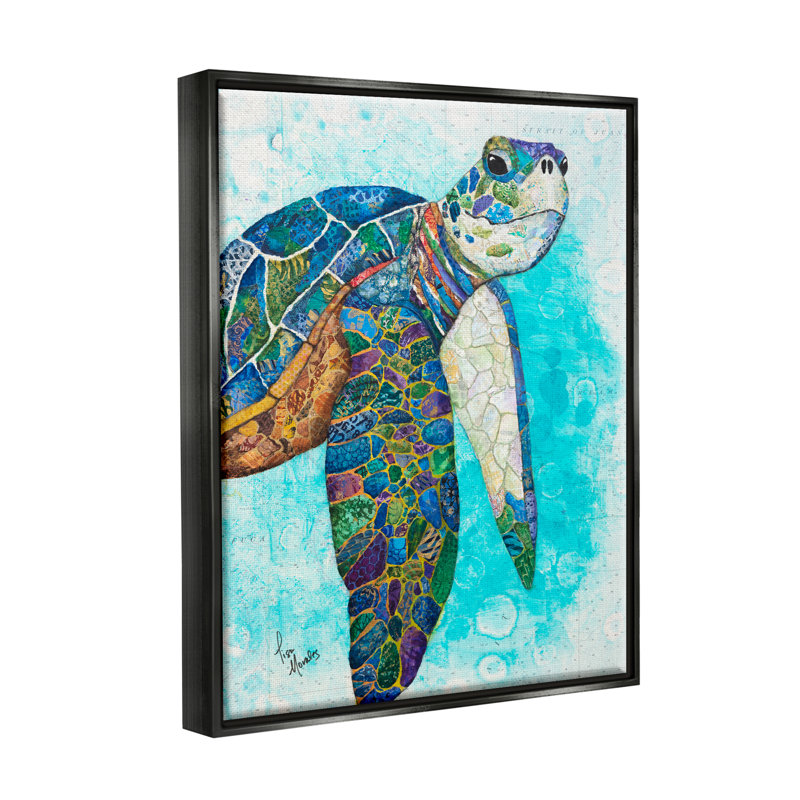 Bold Aquatic Sea Turtle Collage on Canvas with Black Frame