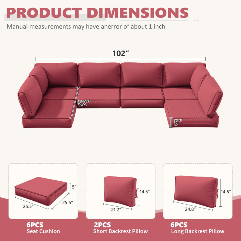 Outdoor Cushions 5” Replacement Patio Cushions For 6-Seat Sectional Sets (Cushions Only), Fuchsiared