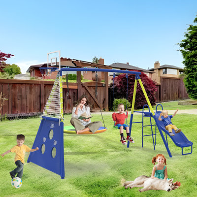 Ensemble de balançoire en métal robuste pour enfants 5 en 1 avec glissoire, balançoire à soucoupe, balançoire à ceinture, buts de soccer et panier de basketball