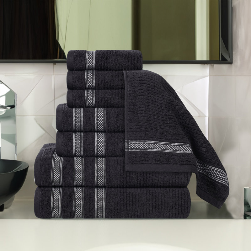 Orley Zero Twist Cotton Ribbed Geometric Border Soft Highly Absorbent 8 Piece Bathroom Towels Set, Black