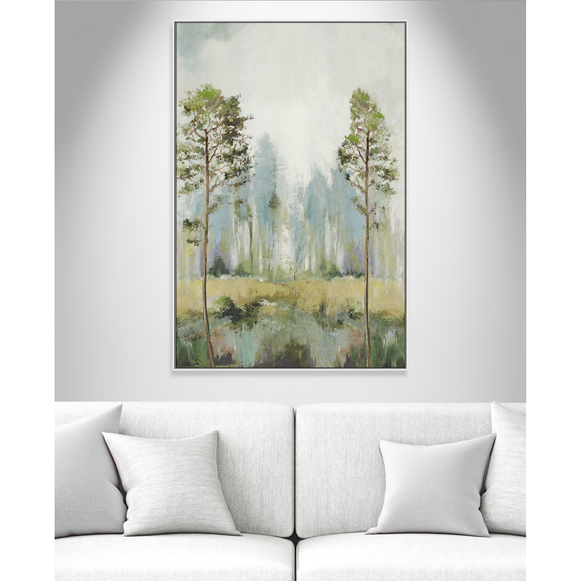 Tall Green Trees II by Teton Pearce - Floater Frame Print on Canvas, 61.5" H x 41.5" W, White