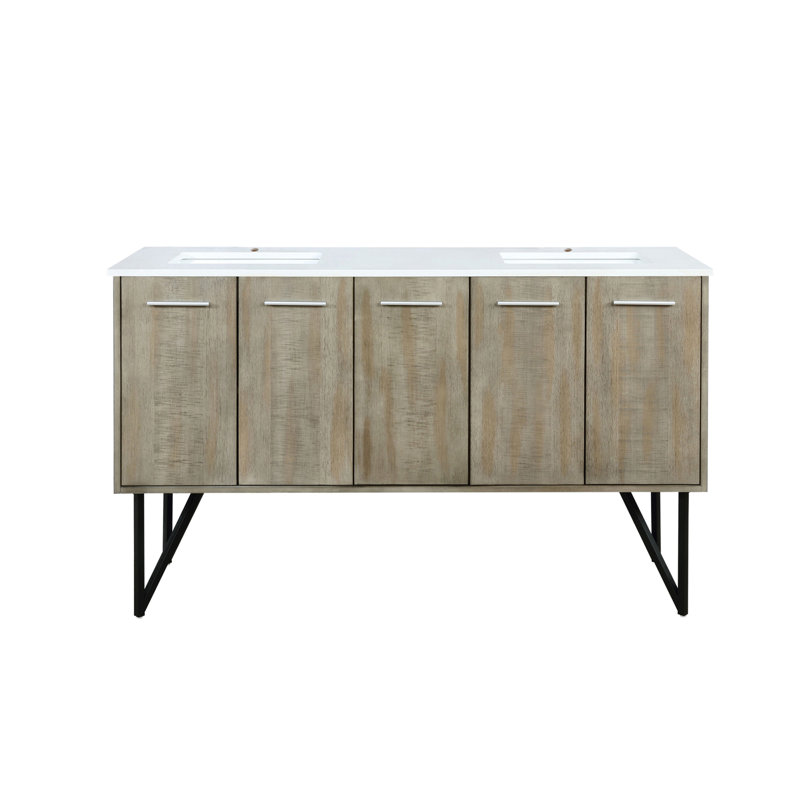 Meuble-lavabo double rustique en acacia avec plateau,  Quartz blanc / beige, H 36,63 po x l 60 po x P 20,25 po