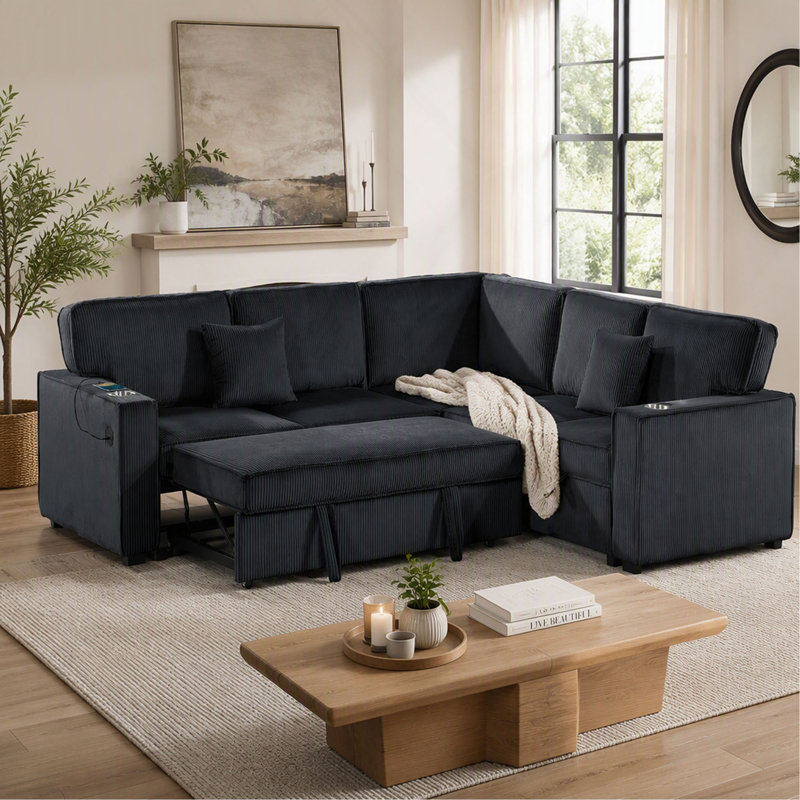 Ensemble de canapés d'angle convertibles 3 pièces avec revêtement rembourré pour salon contemporain, 56" W, Black Corduroy