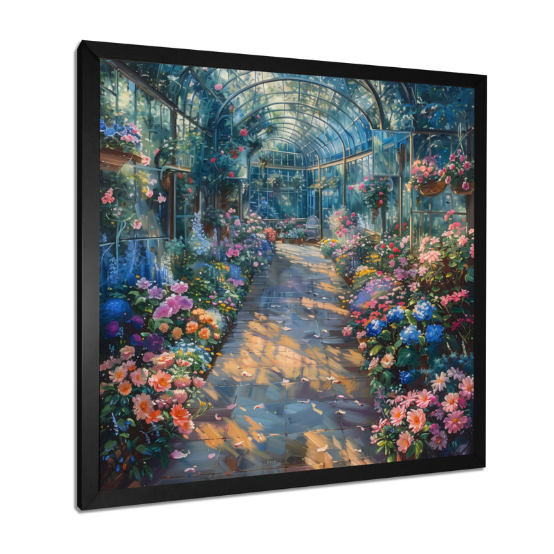 Jardin rose et vert Eden Greenhouse I - Art mural, Cadre pour photo simple noir, bois massif, H 16 po x l 16 po