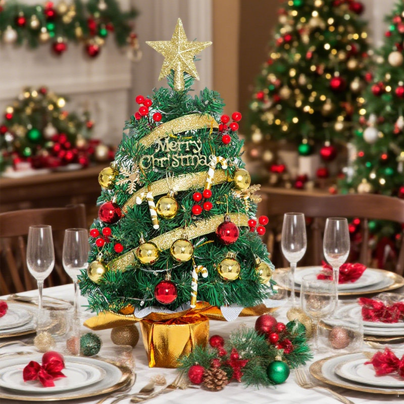 Arbre de Noël de table de 55 cm pour décoration de Noël, mini arbre de Noël artificiel avec décorations pour bureau, bureau, chambre à coucher ou fête