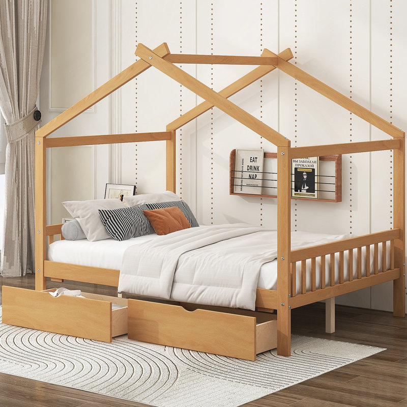 House Platform Bed with Two Drawers,Headboard and Footboard, Roof Design, Naturel