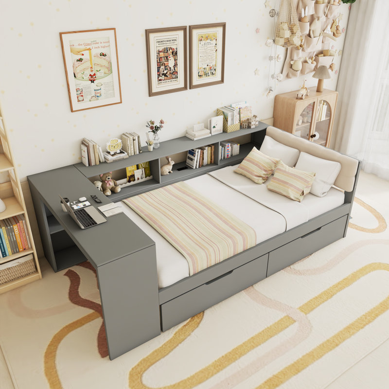 Lit plateforme avec tablettes de rangement, tiroirs, station de charge et tête de lit tapissier, Lit simple, Gris