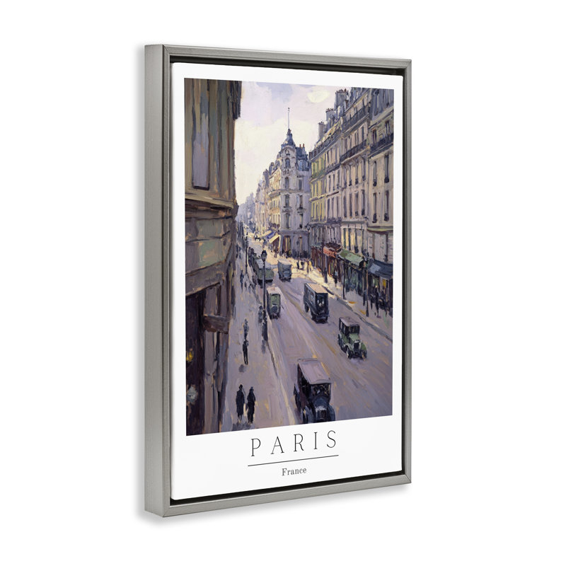 Cadre flottant scène vintage Paris Streets, design par Petal Prints Design, H 31 po x l 21 po, Cadre flottant gris lustré