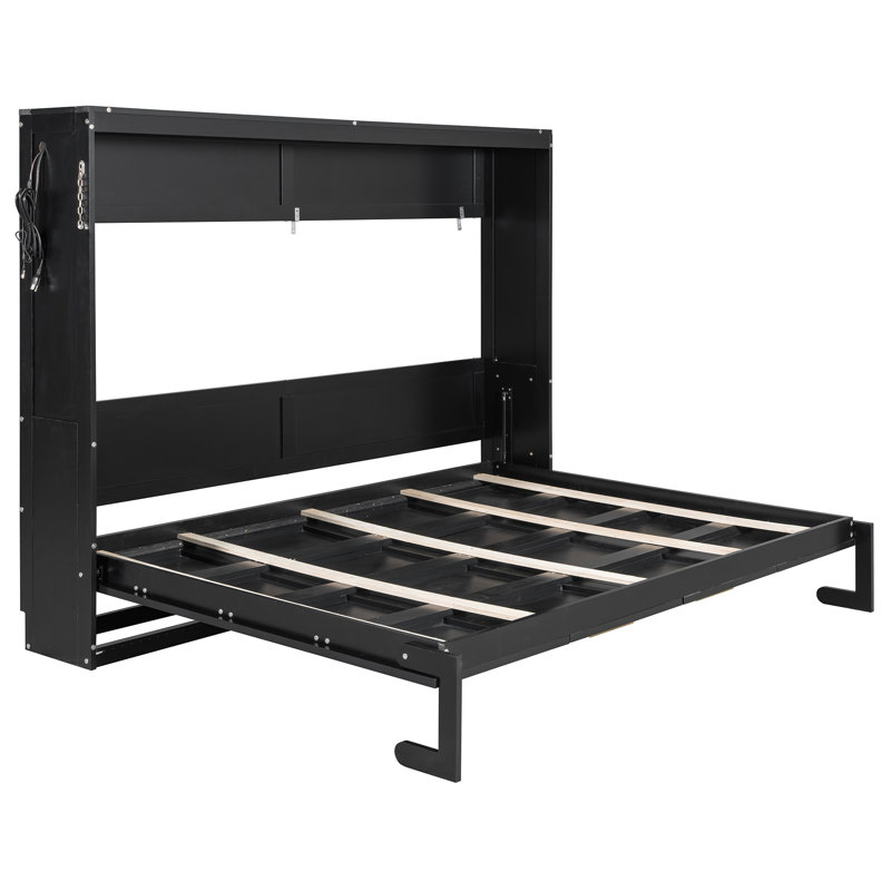 Grand lit escamotable pliant latéral de taille grand avec motif imprimé tendance, éclairage DEL sous le lit et prise USB intégrée - Design peu encombrant - noir