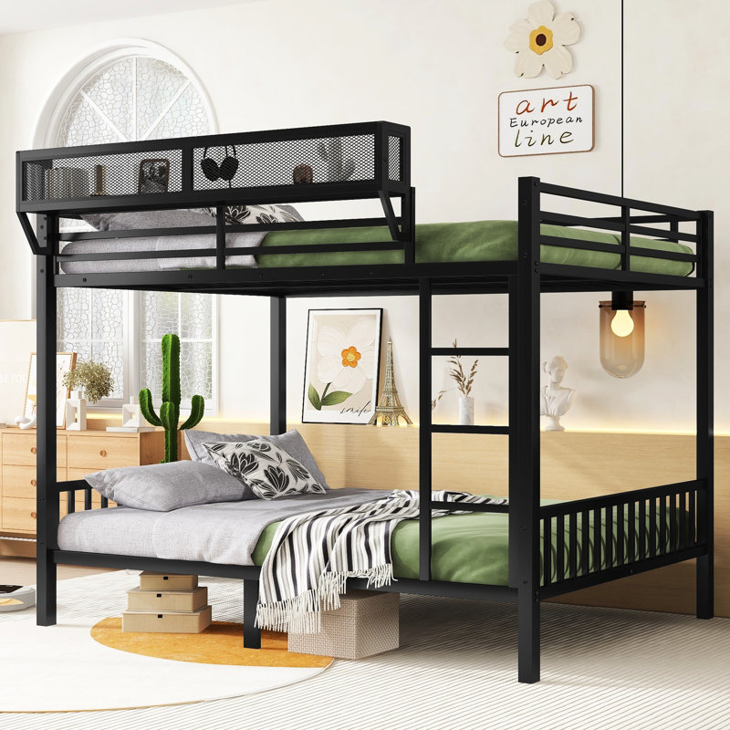Grand lit superposé en métal noir avec tablette de rangement, pour adultes, structure stable, thermolaquée, capacité de 350 lb / 600 lb