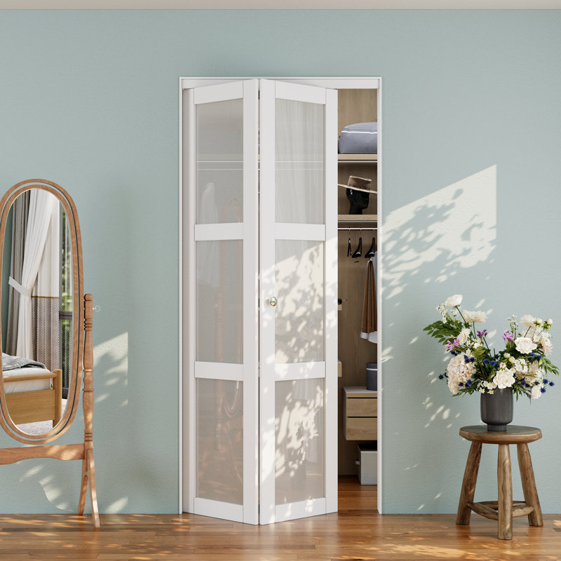 3-Lite Glass Door Solid Manufactured Wood Bi-Fold Door with Installation Hardware Kit, 36" x 80"