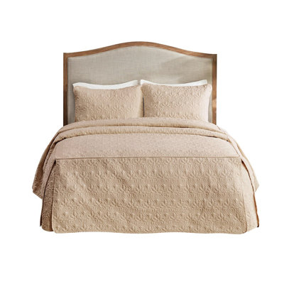 Ensemble de couvre-lit 3 pièces en kaki pour très grand lit - coins fendus plissés, rembourrage, literie classique avec plis, tissu en microfibre, rembourrage, performance durable