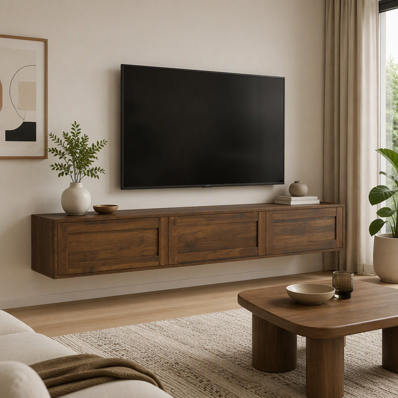 Meuble télé brun flottant ultrabrillant, mural avec lumière ambiante à DEL et prise de courant, armoire de rangement pour le salon