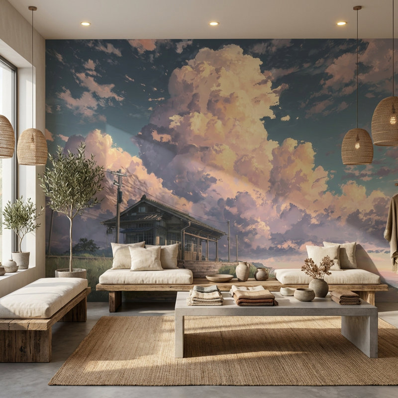 Murale maison de campagne avec nuages, 100 po x 96 po, Peler et coller