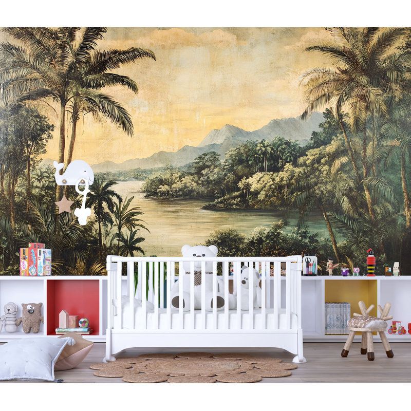 Papier peint rétro paysage tropical - Palmier rustique, scène de rivière, papier peint Vn837 (non tissé) VN837, Non tissé