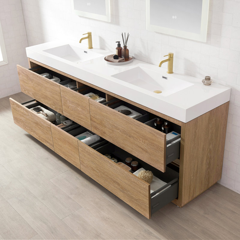 Beira 84" Double Sink Bath Vanity with Composite Sink Top, North American Oak