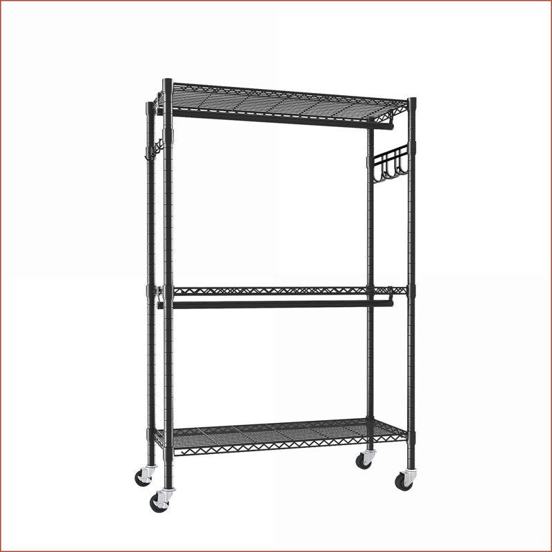 Clothes Rack with Wheels, Heavy Duty Metal Rolling Garment Rack - 3 Adjustable Shelves, 2 Hanging Rods &amp; Side Hooks | Black | Metal