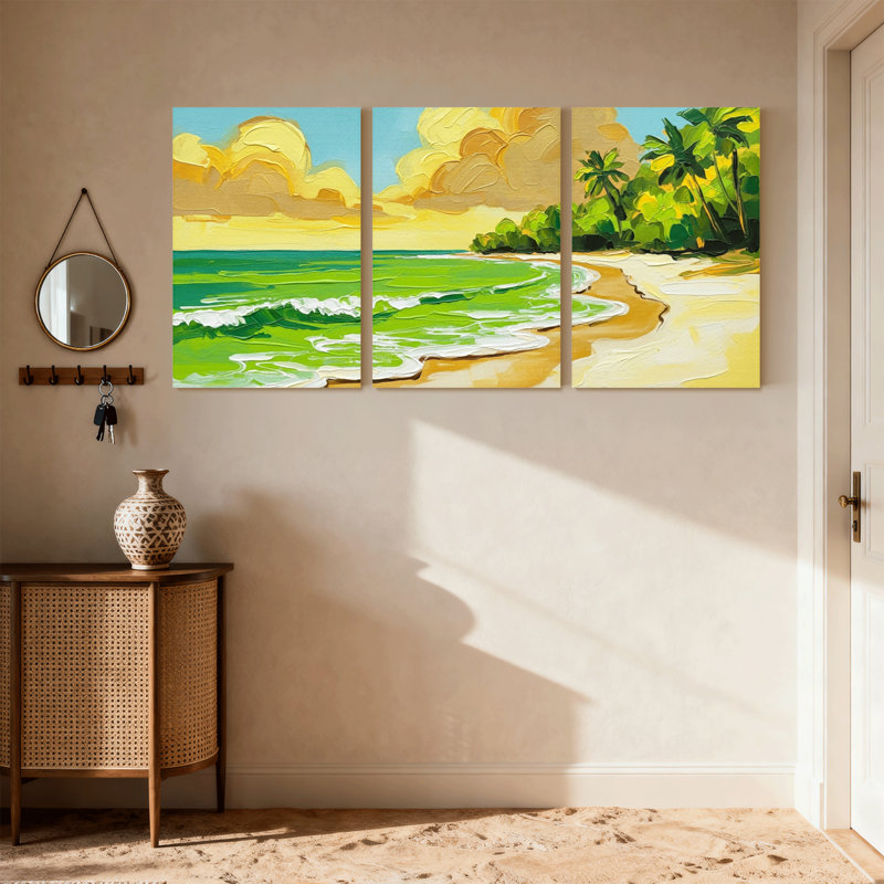 Nautique et plage, plage tropicale avec palmiers et vagues de l'océan, ensemble de 3 impressions sur toile, H 24 po x l 48 po