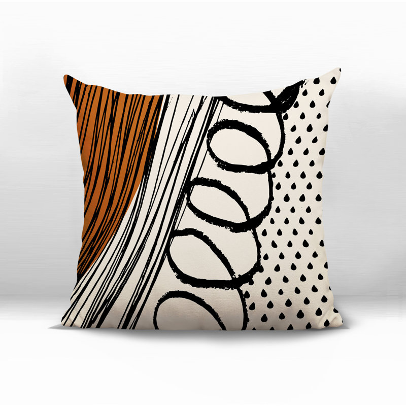 Oreiller carré réversible intérieur / extérieur Toba, H 17 po x l 17 po, Orange brûlé / noir / blanc cassé abstrait