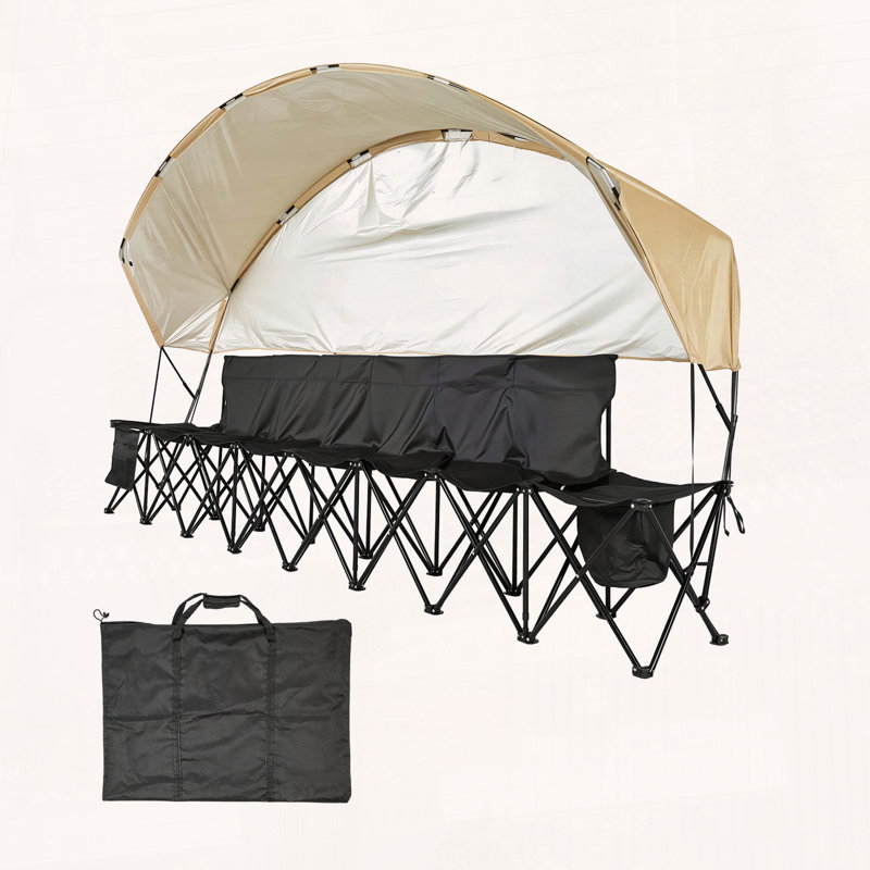Banc portable pliant, banc de soccer à 6 places avec poches de rangement, porte-gobelets et sac de transport, siège latéral léger avec parasol pour le football, le baseball, le camping, les événements extérieurs, noir