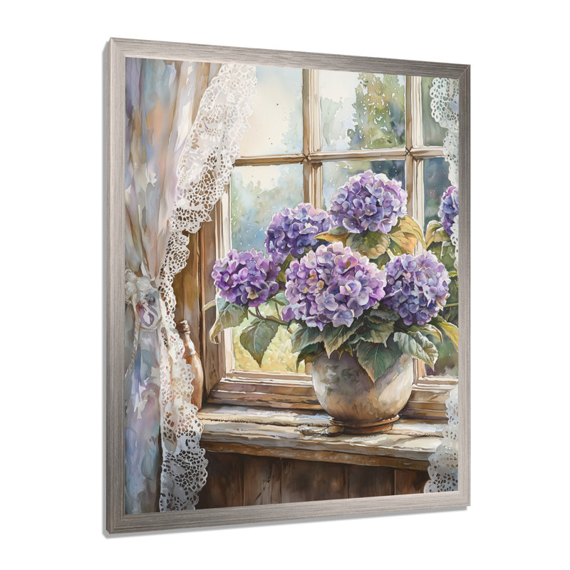 Hortensias par la ferme fenêtre II - décoration murale florale, H 40 po x l 30 po, Reproduction encadrée d'une seule photo