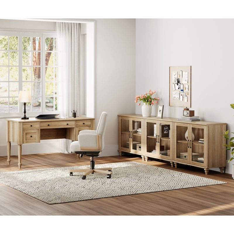 2 Piece Office Set, 56" Executive Desk & Set Of 3 Cabinets With Glass Door, Oak