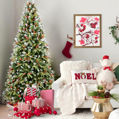Arbre de Noël avec lumières à DEL blanc chaud - branches pe + pvc enneigées, baies rouges et pommes de pin, conception à charnières, support en métal stable - décoration de Noël réaliste