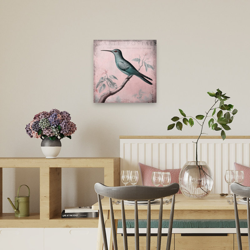 Affiche murale contemporaine représentant un colibri bleu botanique, H 18 po x l 18 po