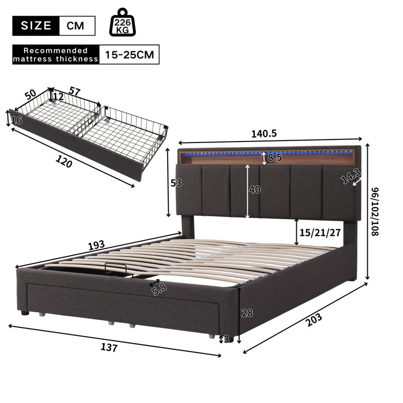 Grey Linen 4FT6 Double Upholstered Bed with LED Lighting, Hydraulic Storage, Drawers, Stowable Foam Headboard, 135x190 cm