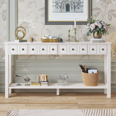 Upgraded Rustic Entryway Table 60" Long Sofa Table With 4 Storage Drawers And Bottom Shelf For Living Room Kitchen Entryway Porch, Antique White