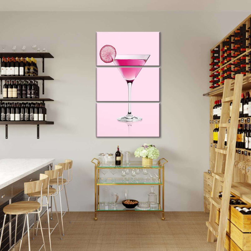 Cocktail rose martini sur toile, 3 pièces, H 38 po x l 24 po x P 1,25 po